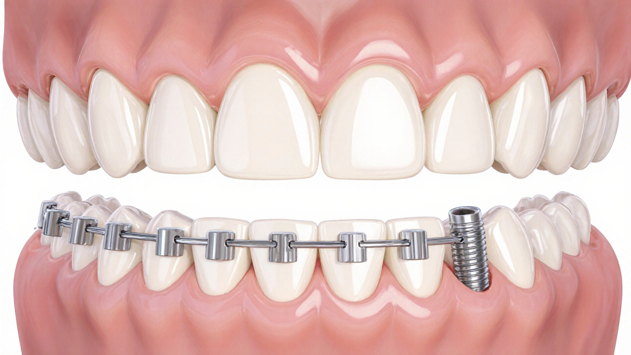 Tři typy dočasných náhrad zubu: protéza, most a implantace v anatomickém zobrazení.