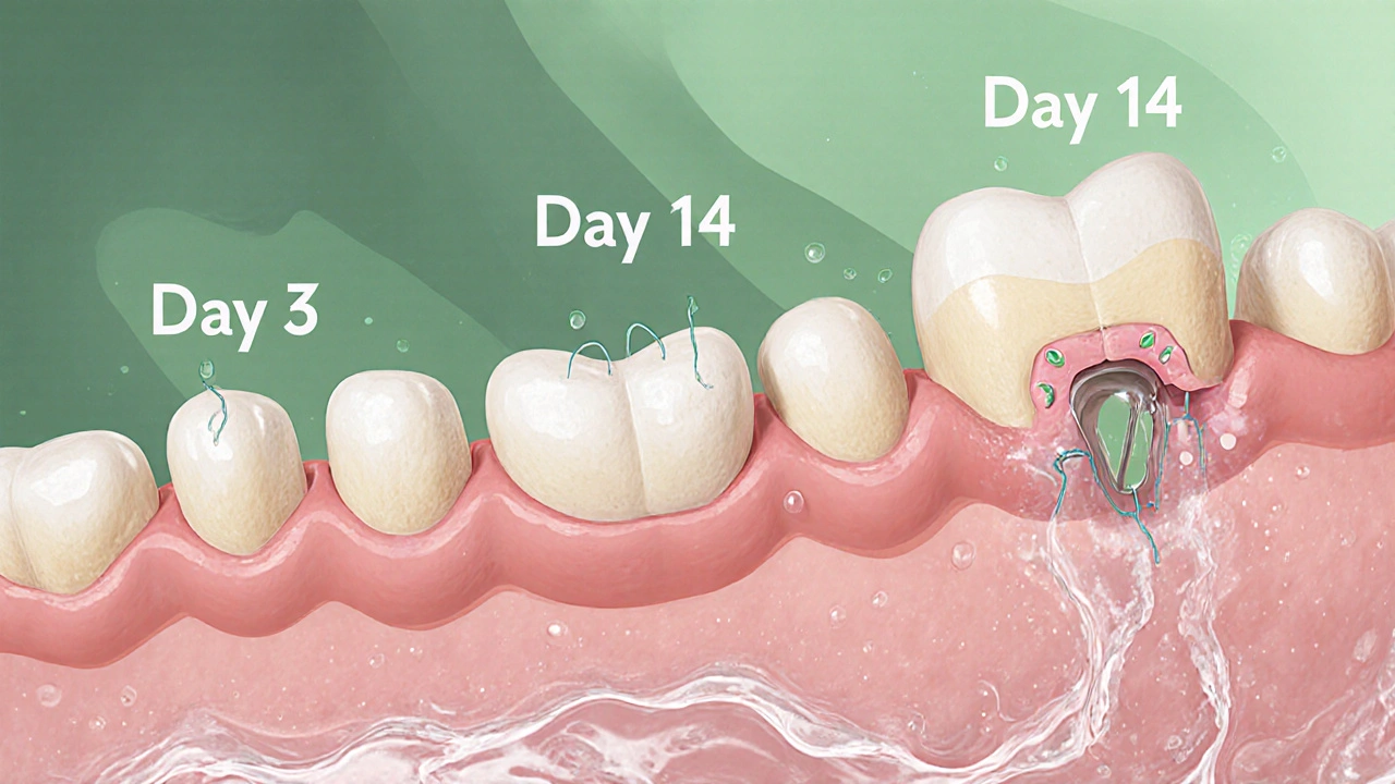 Vizualizace hojení dásně a rozpadu stehů v čase