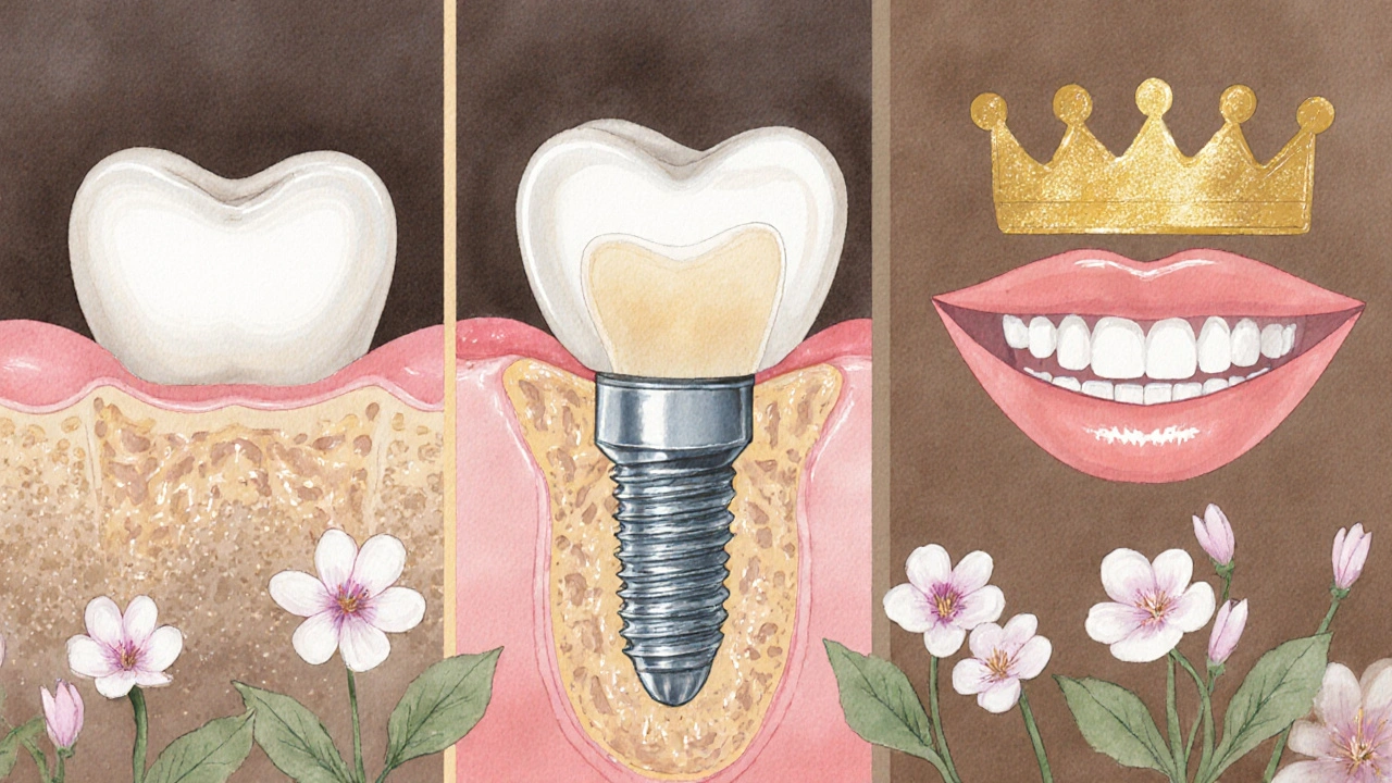 Vodová barva ilustrující léčbu chybějícího zubu a obnovu kvality života.