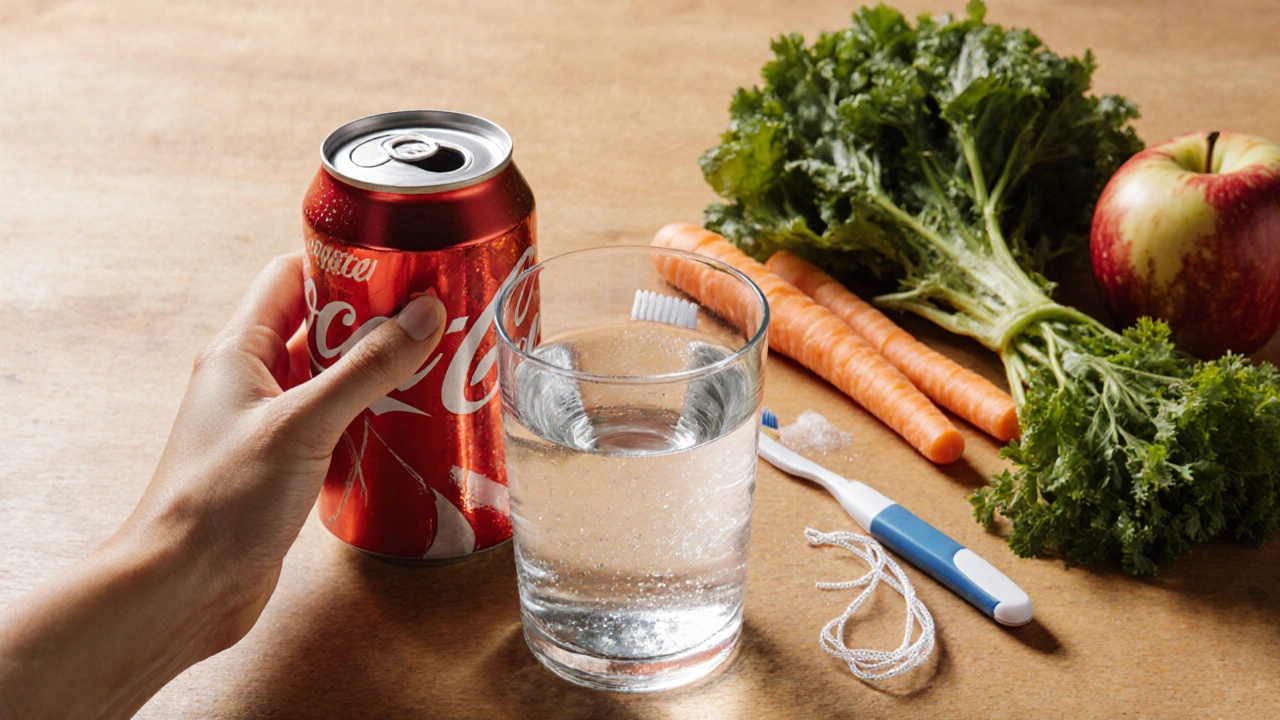 Zdravé potraviny a hygienické potřeby proti tvorbě zubního kamene.