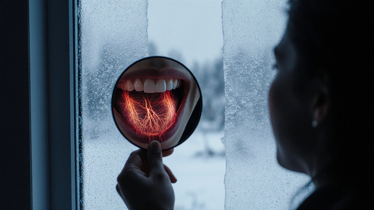 Zimní teplotní změny způsobují bolest v zubech s viditelnými nervovými cestami.