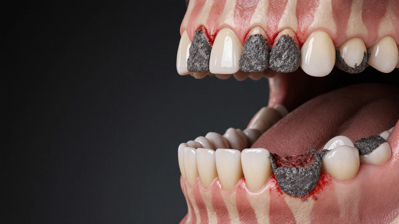 Ztráta kosti kolem zubu způsobená neodstraněným zubním kamenem.