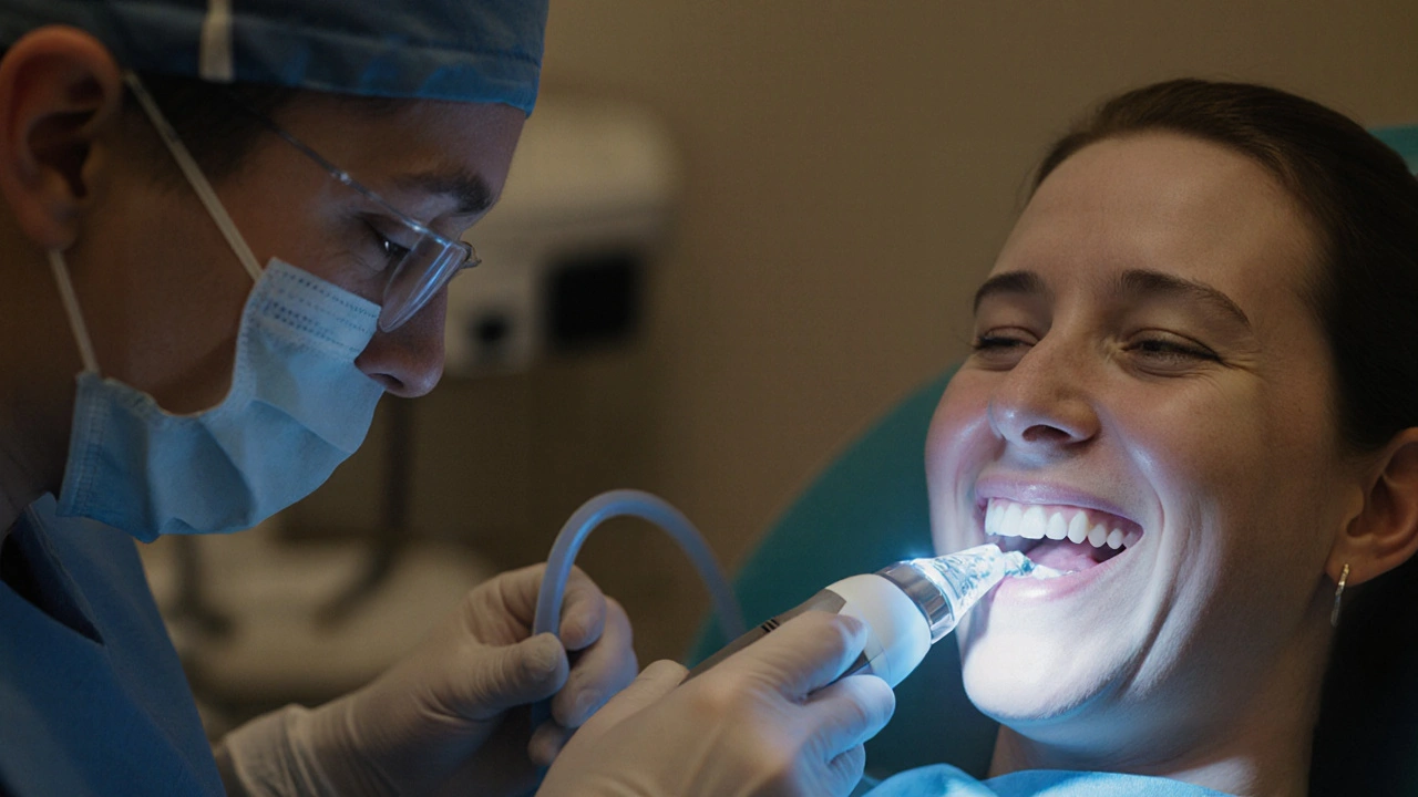 Zubař odstraňuje zubní kámen pomocí ultrazvukového zařízení.