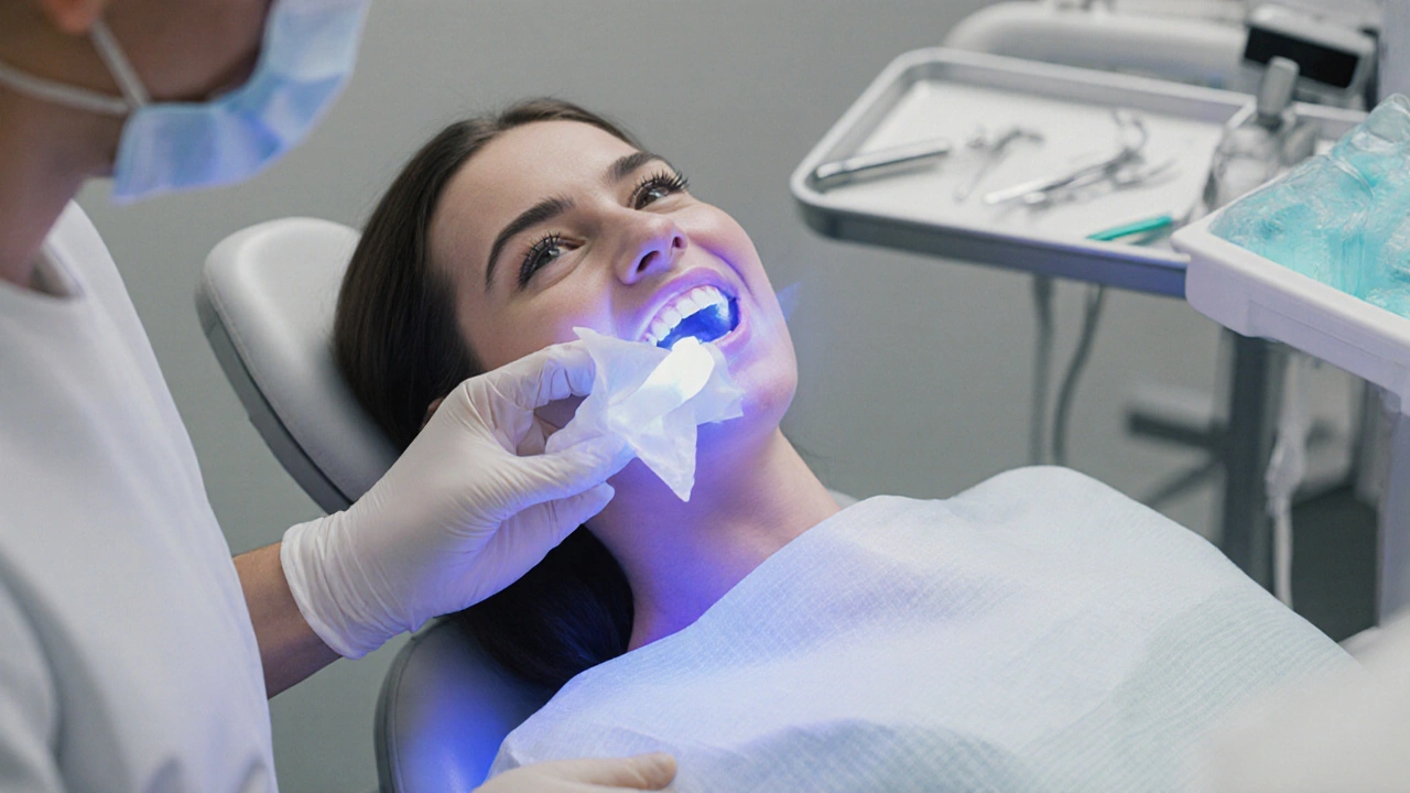 Zubní lékař aplikuje bělící gel na zuby při aktivaci modrým LED světlem.