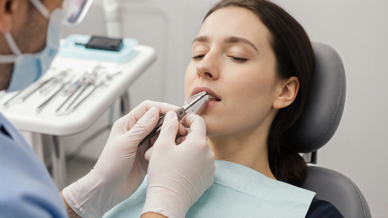 Zubní lékař odstraňuje stehy z dásně pomocí nůžek