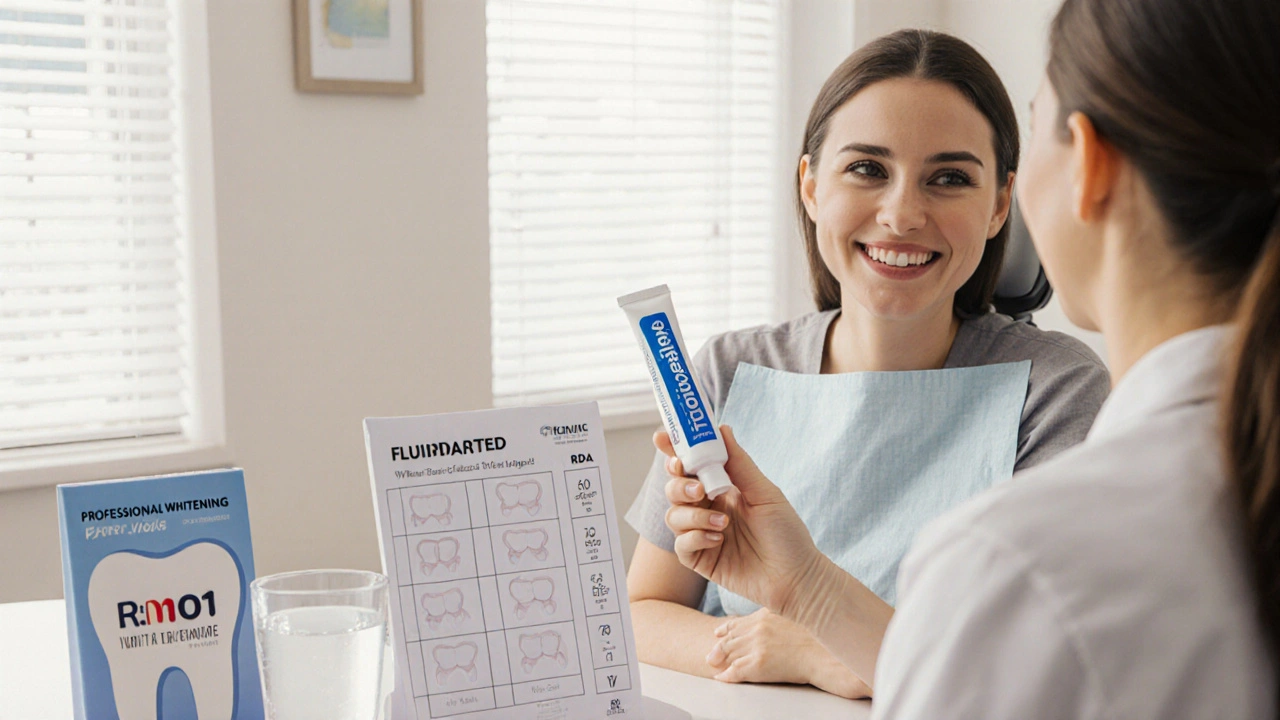 Zubní lékař ukazuje fluoridovou pastu a profesionální bělící sada na stole v klinice.