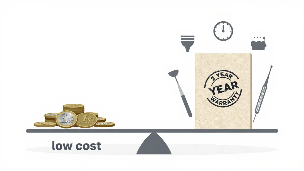 Balance scale comparing low-cost dental treatment with premium composite veneer including warranty.