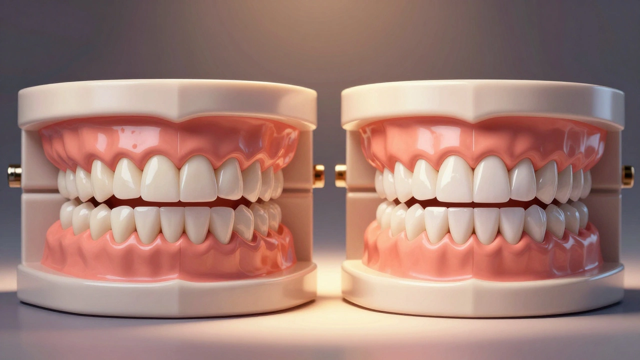 Before and after comparison of teeth with and without composite veneers.