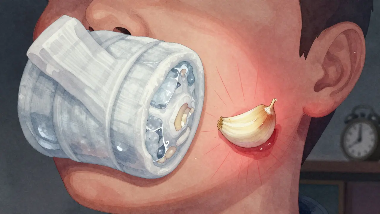 Chladný obklad na otoklé tváři s rozdrceným česnekem u zubu.