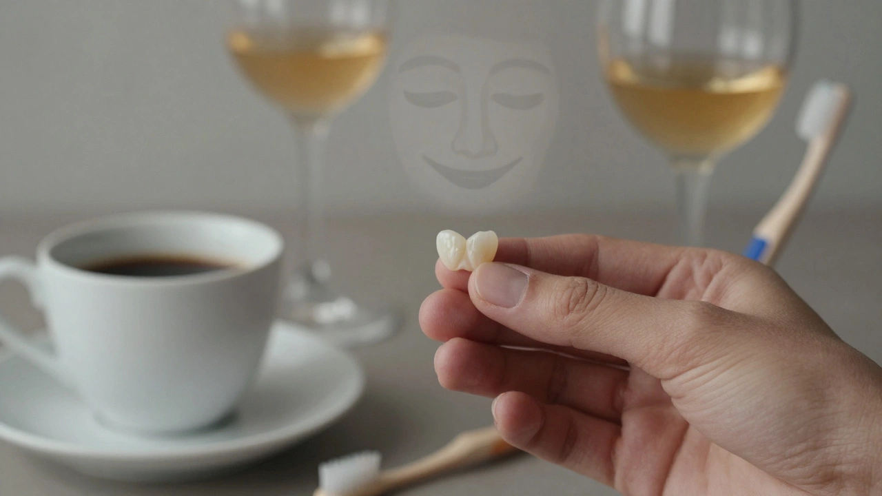 Composite veneer beside coffee, wine, and toothbrush, symbolizing care and longevity.