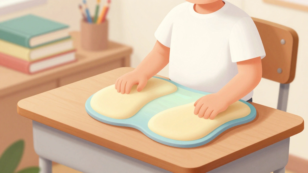 Dítě sedí ve školní stolici s barevnou a neklouzavou podložkou, postava je uvolněná a pohodlná.