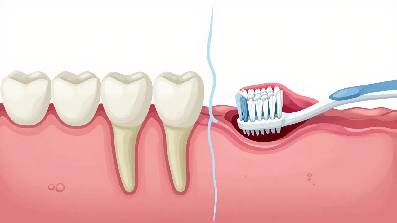 Dvě strany dásně: zdravá a zánětlivá, spojené ústní hygienou.