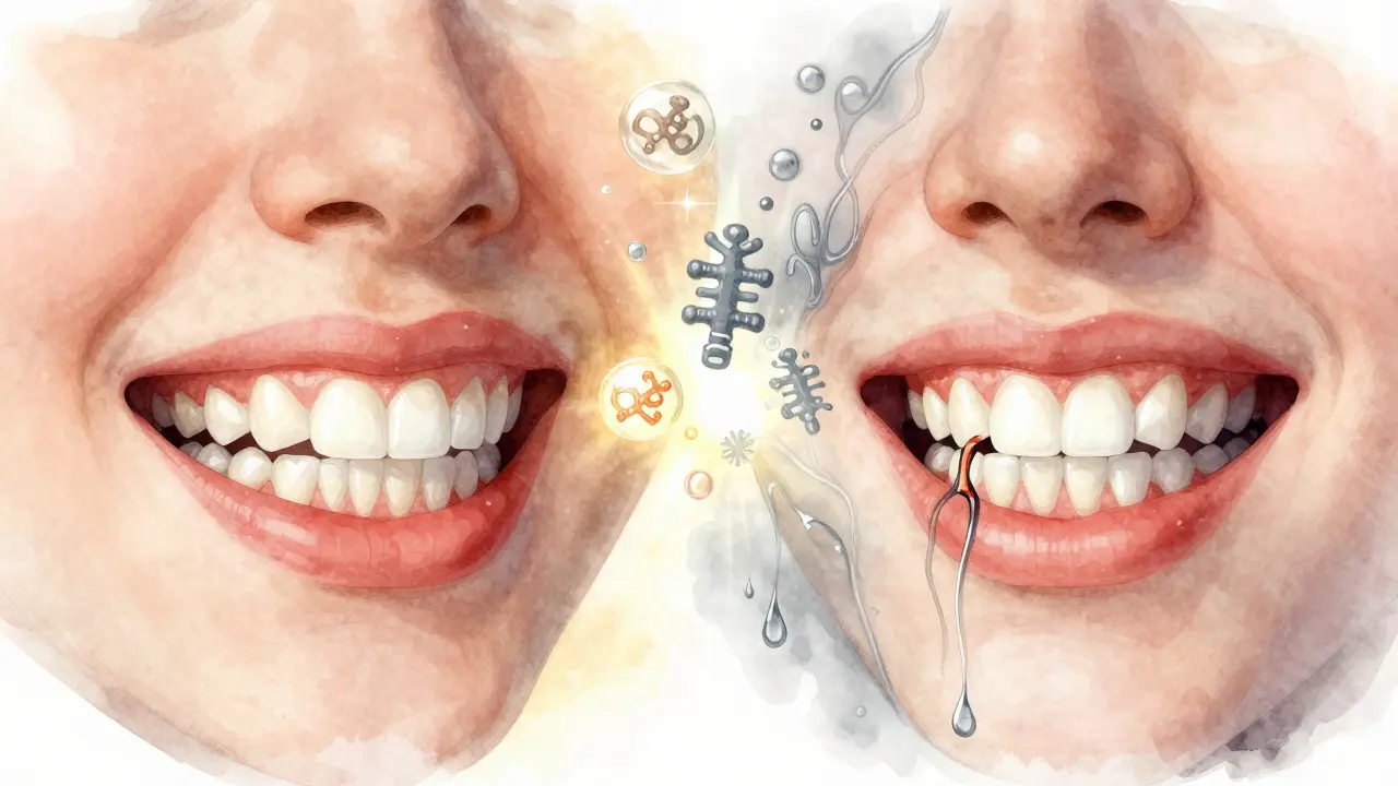 Dvojčata s odlišným stavem zubů: jedno se zdravými zuby, druhé s kariésem, symbolizující dědičné riziko.