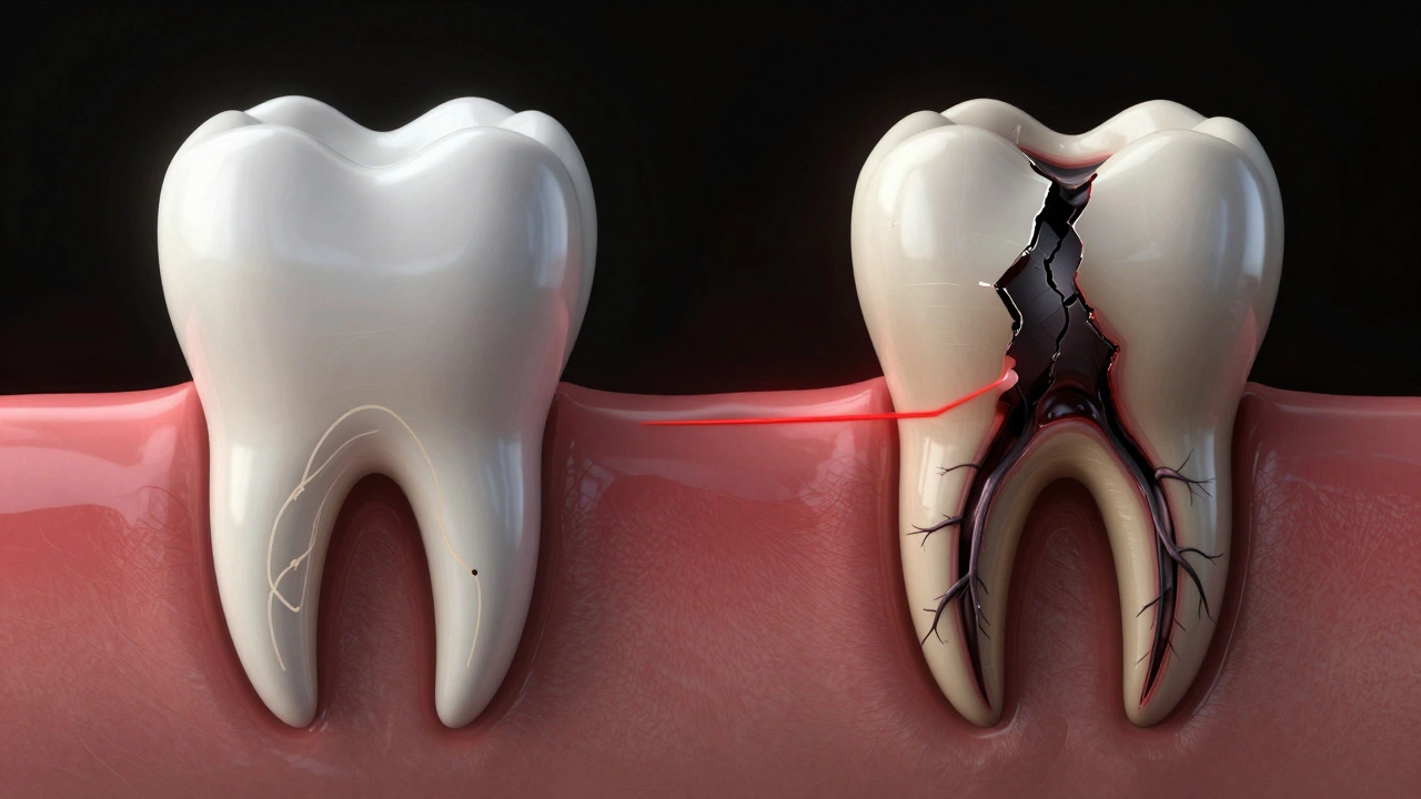 Kontrast mezi zdravým a infikovaným zubem s šířením infekce do čelisti.