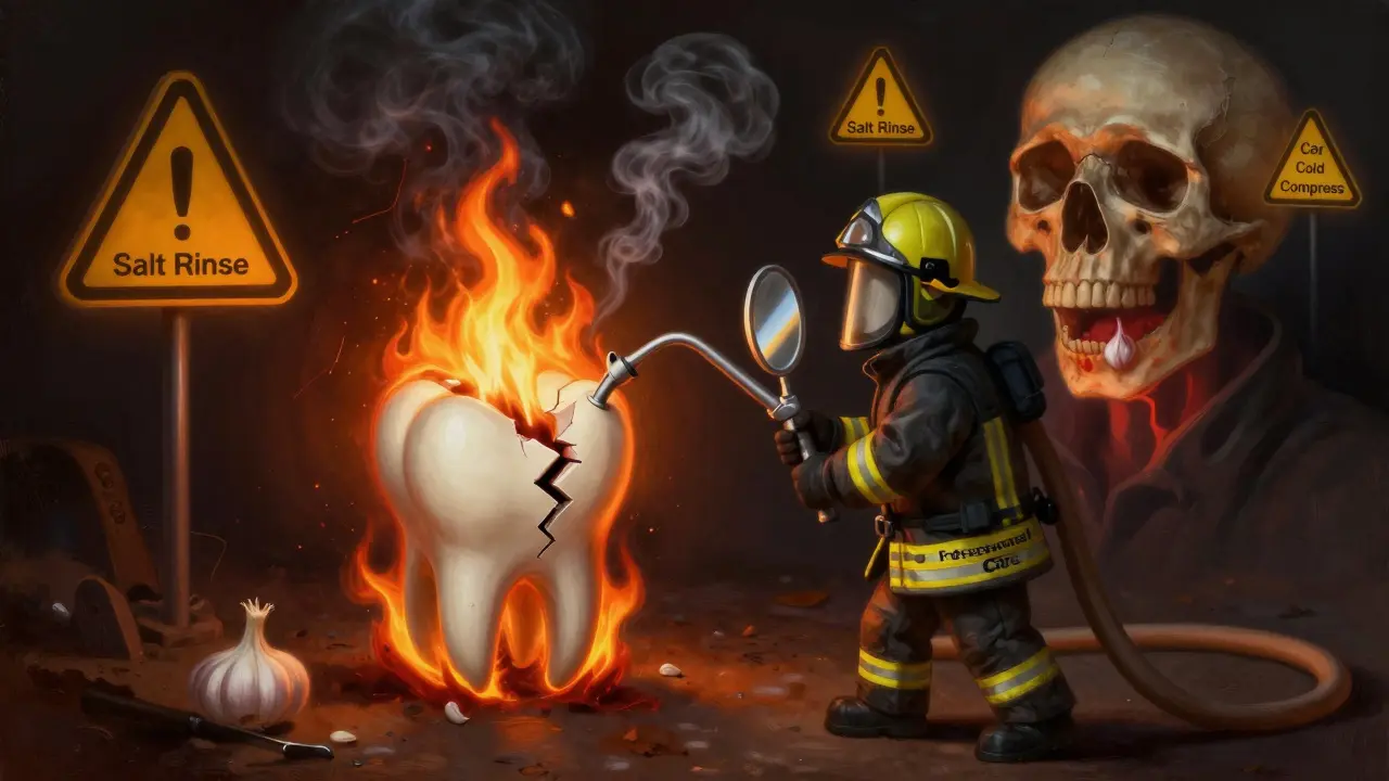 Konzepční obrázek infekce zubu jako ohně s lékařem jako hasičem.