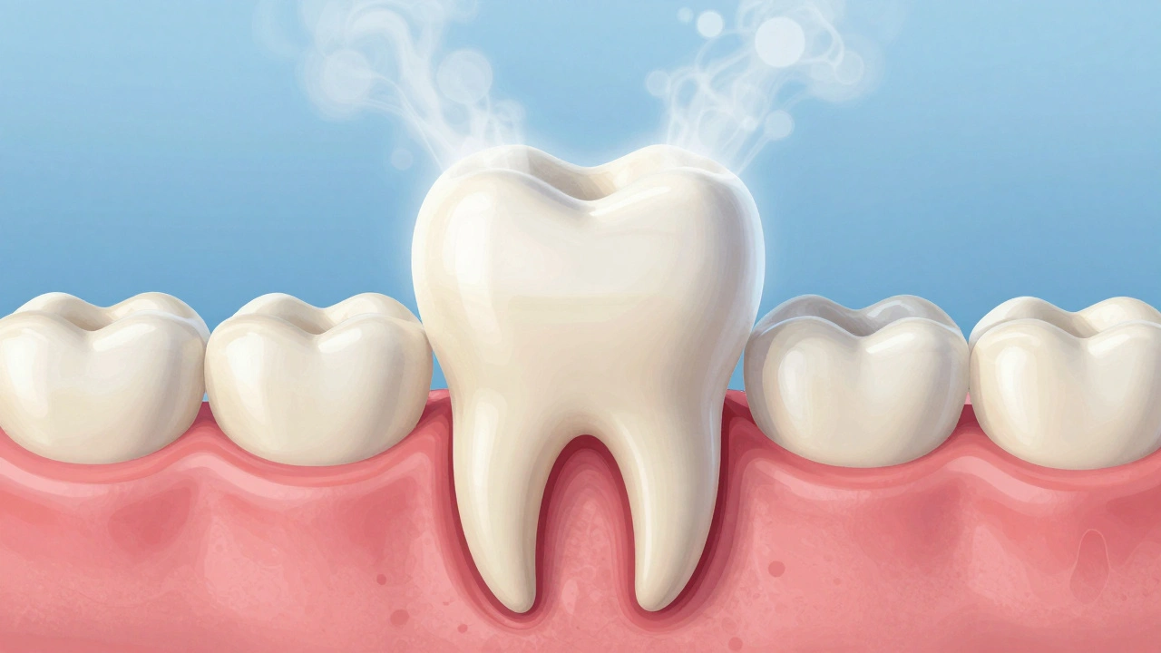 Křížový řez zubu s vystaveným zubním kmenem a ochrannou fluoridovou vrstvou.