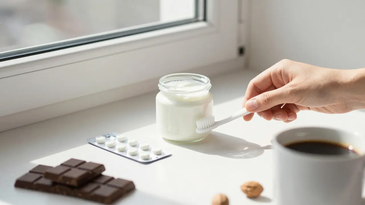 Měkký kartáček a kefír vedle prázdného balení antibiotik, symbolizující obnovu po kořenovém kanálku.