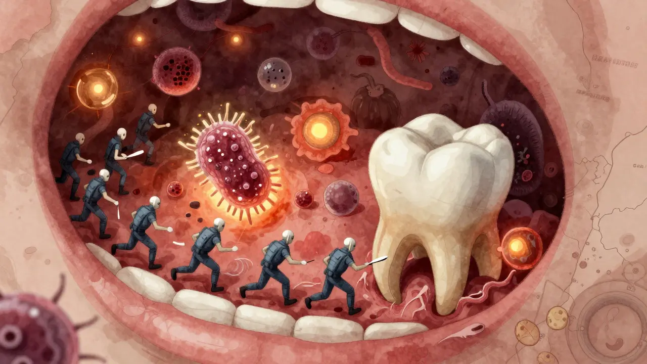 Mikroskopický boj antibiotik proti bakteriím v zubu s probiotiky a zeleninou jako pomocníky.