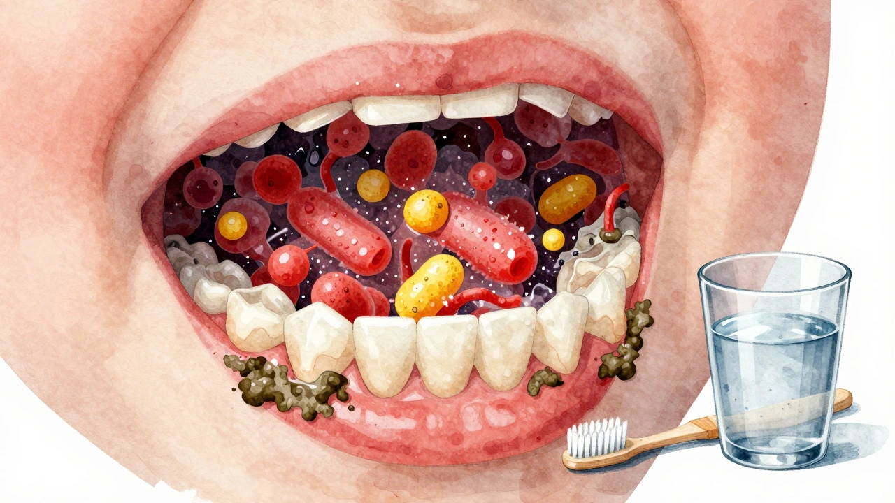 Mikroskopický pohled na bakterie a zubní plak, který se tvrdí na zubech dítěte.