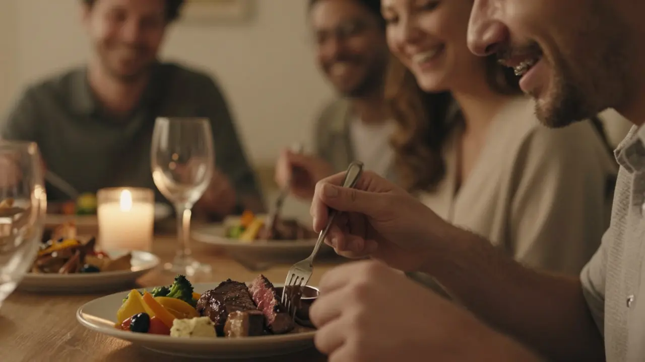 Osoba jedí s přáteli, jídlo je nakrájené, rovnátka jsou na zubech, teplé osvětlení.