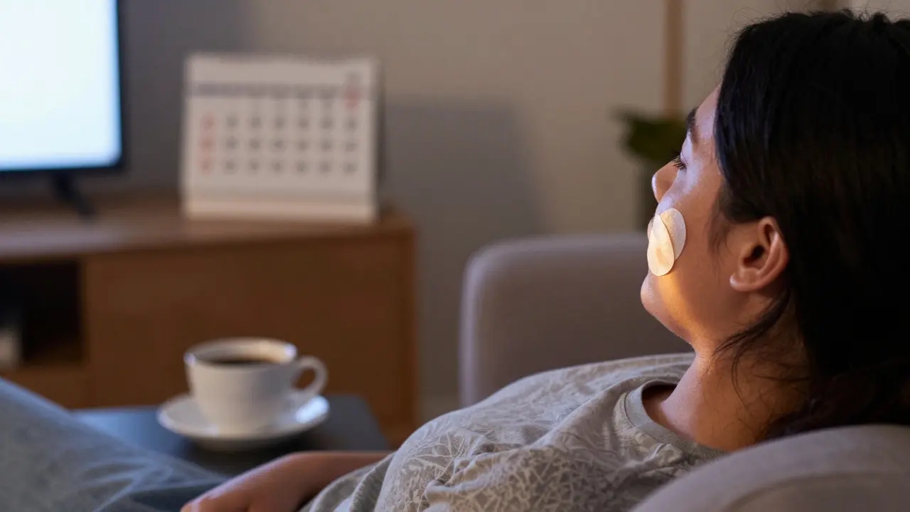 Osoba s bělicími páskami na zubech se uvolněně dívá na televizi večer doma.