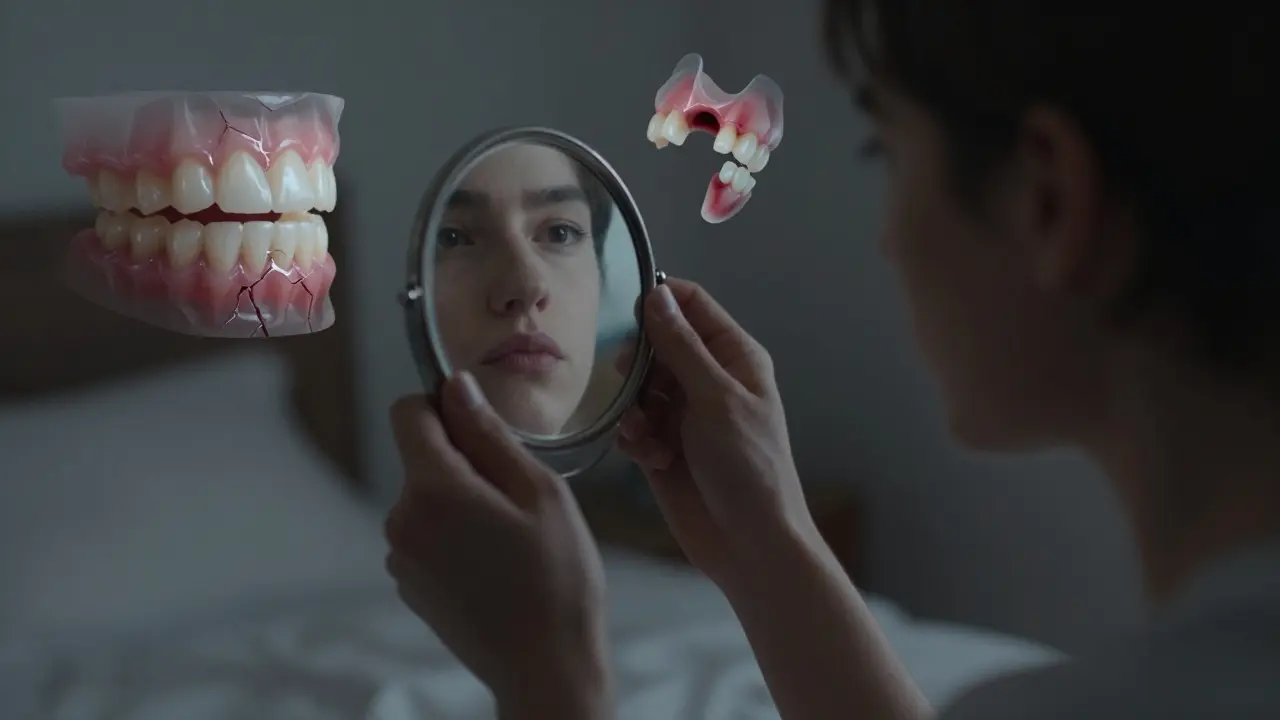 Osoba se dívá do zrcadla a vidí prasklinu na zubu, kolem ní se vynořují obrazy poškození.