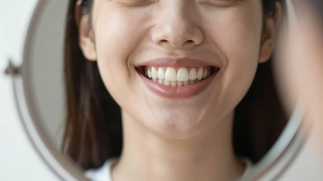 Osoba se usmívá do zrcadla s neviditelnou keramickou onlay, která dokonale kopíruje přirozený zub.