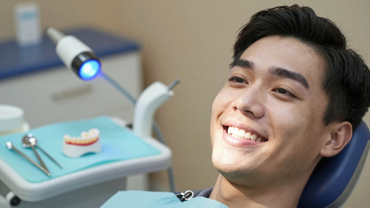 Pacient se směje, odhaluje přirozeně vypadající výplně na předních zubech v klinice.