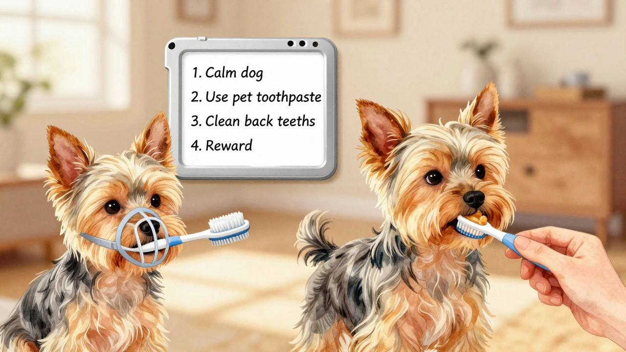 Pes je štětcem pro psy čištěn, zatímco majitel sleduje kontrolní seznam.