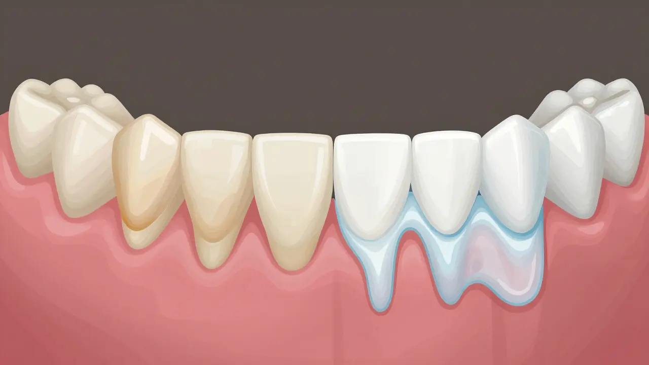 Porovnání tmavých a osvěžených zubů s vysvětlením, jak bělící látka proniká do skloviny.