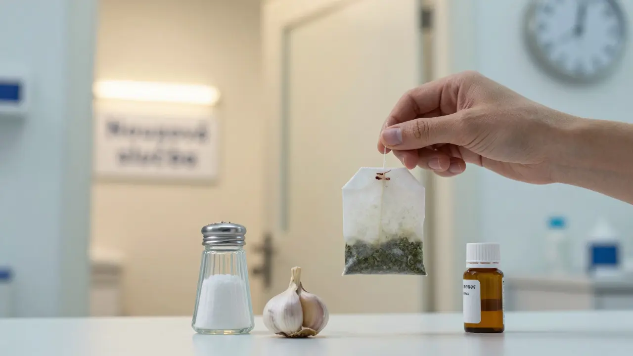 Použitý sáček zeleného čaje na zubě, vedle něj česnek, sůl a lék, v pozadí zubní klinika.