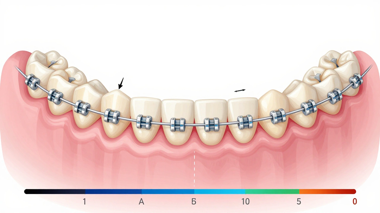 Přehled anatomie čelisti s postupným přesunem zubů pomocí rovnátka.