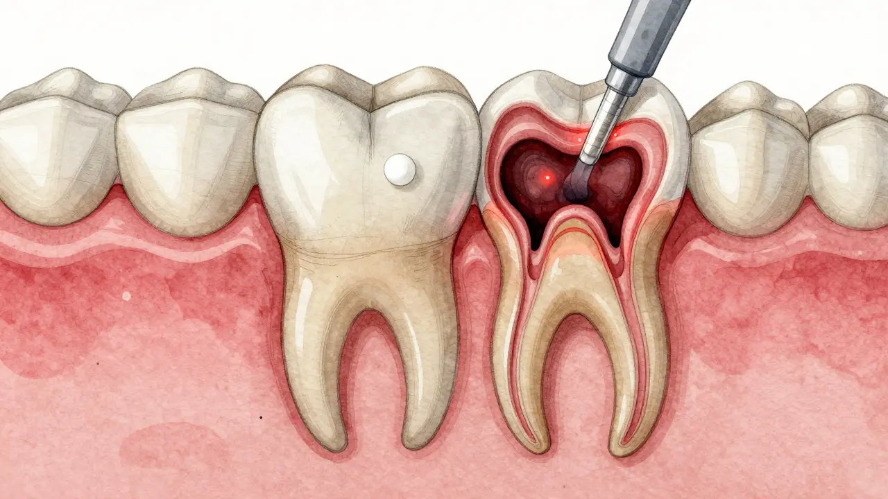 Přehled vývoje kazu v zubu a jeho léčba v řezu.