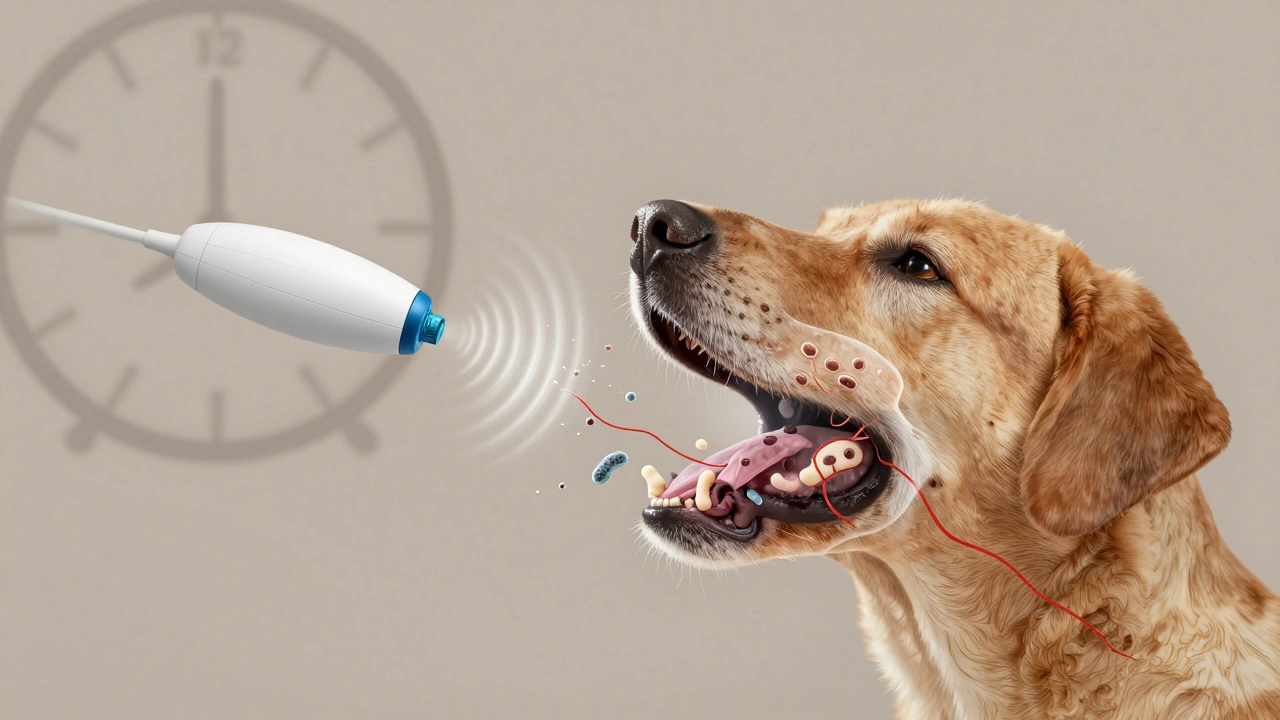 Přehledné znázornění bakterií a zubního kamene u psa s cestou do krve.