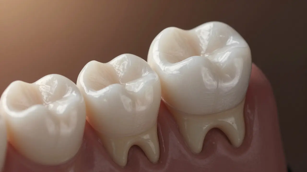 Přesný řez keramickou onlay vloženou do zubu s viditelným lepidlem a zdravou zubní tkání.