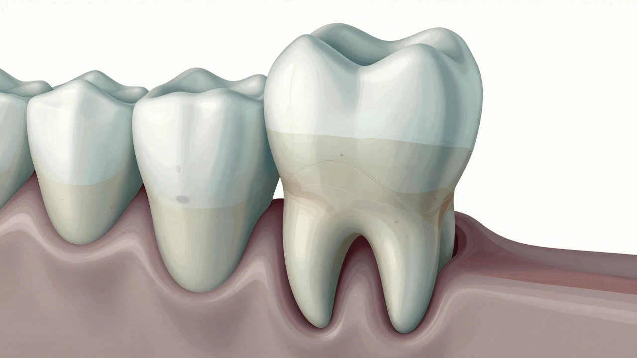 Příčný řez čelistí ukazující moudrak rostoucí šikmo a tlačící na sousední zub.