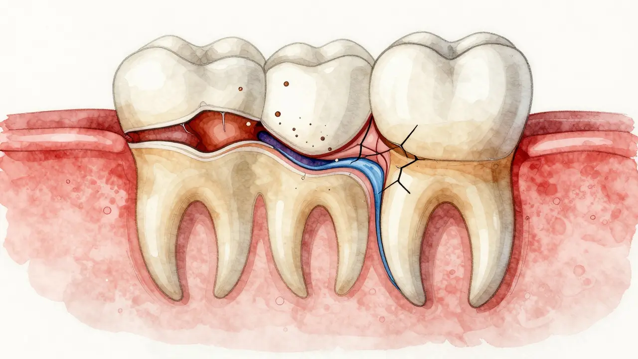 Průřez zubu ukazující prasklinu šířící se od sklovinky k zubnímu nervu.