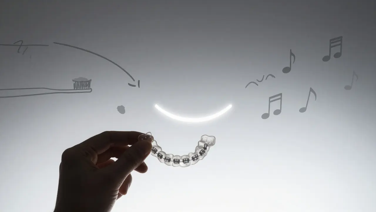 Reticentní držák s abstraktními znaky návyků, symbolizující trvalou péči o zuby.