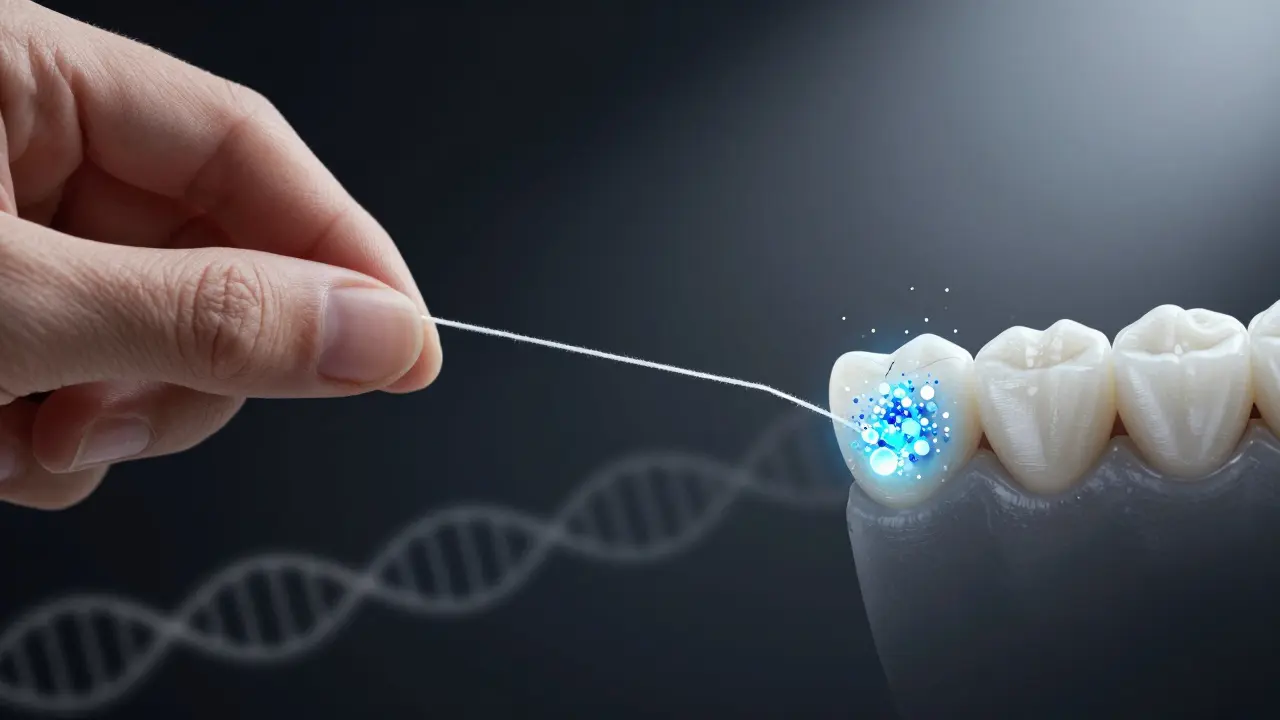 Ruka drží nit mezi zuby, zatímco fluoridované minerály obnovují sklovinu, s genetickými vlákny ve nitě.