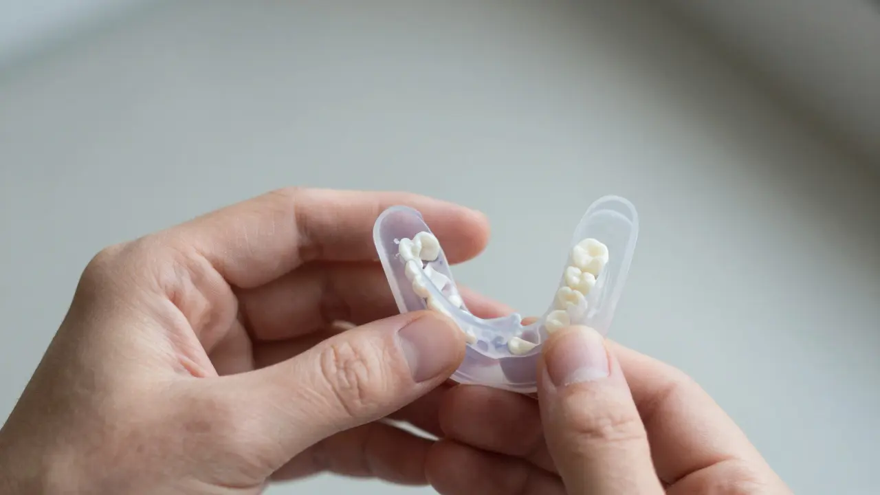 Ruka drží odstraněnou dočasnou zubní náhradu v čistém plastovém balíčku.