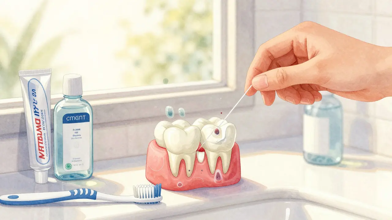 Ruka s nití čistící mezi zuby, doprovázená potřebami pro ústní hygenu.