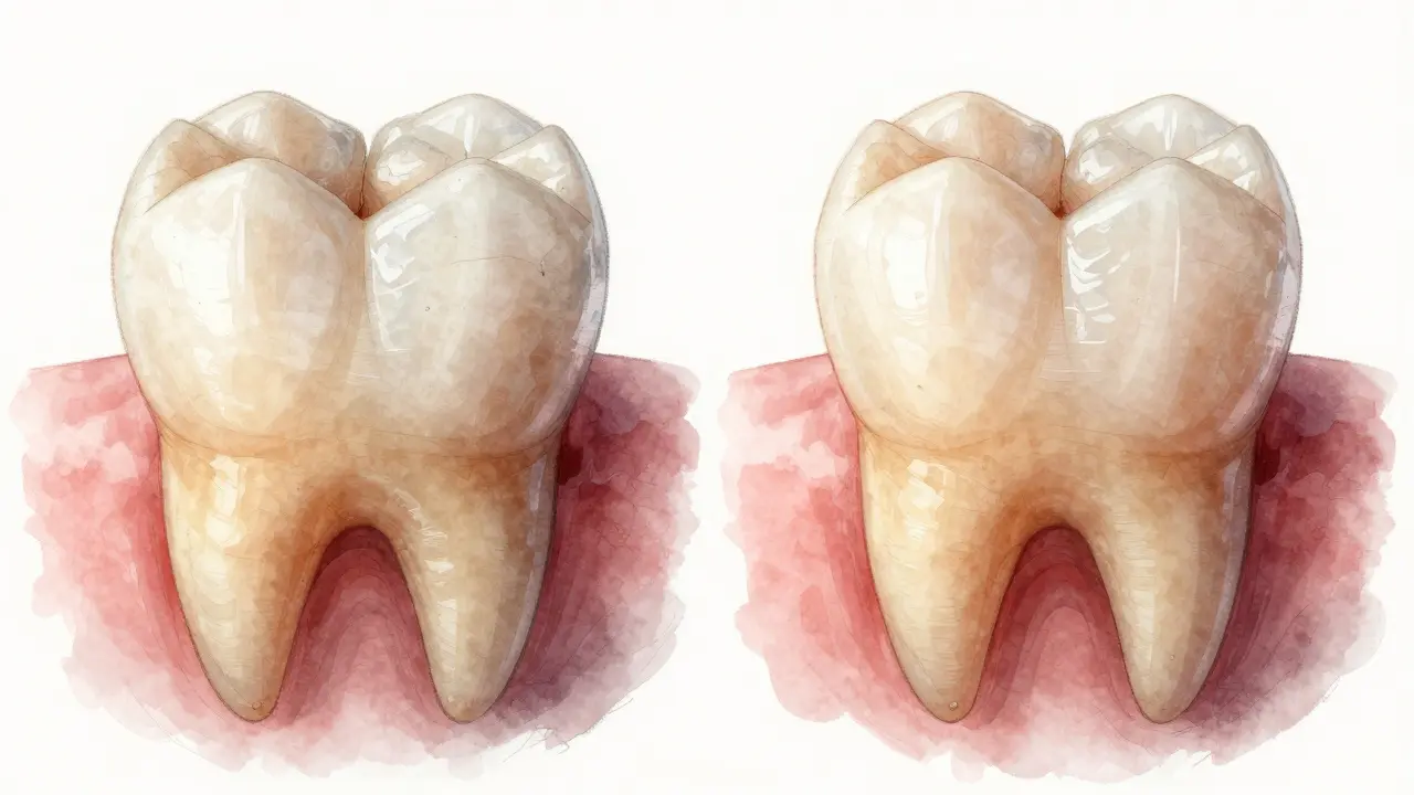 Side-by-side comparison of a damaged natural tooth and a restored composite veneer.