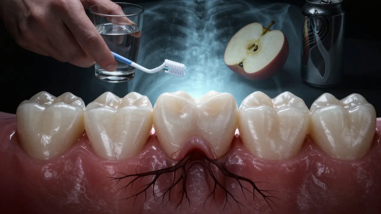 Skrytý kaz pod plombou s rentgenovým zobrazením, v pozadí voda a sladký nápoj.