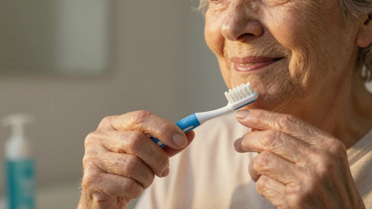 Starší osoba s velkou rukojetí mezizubního kartáčku čistí zadní zuby.