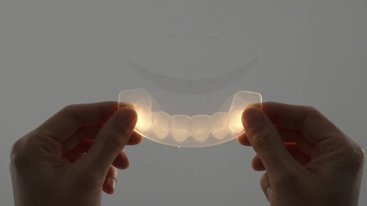 Tenká keramická veneera držená v ruce s jemným zářivým světlem.