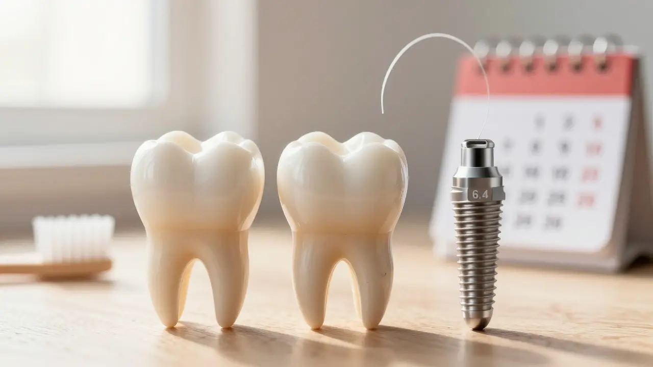 Tři možnosti léčby zkaženého zubu: plomba, korunka a implantát.