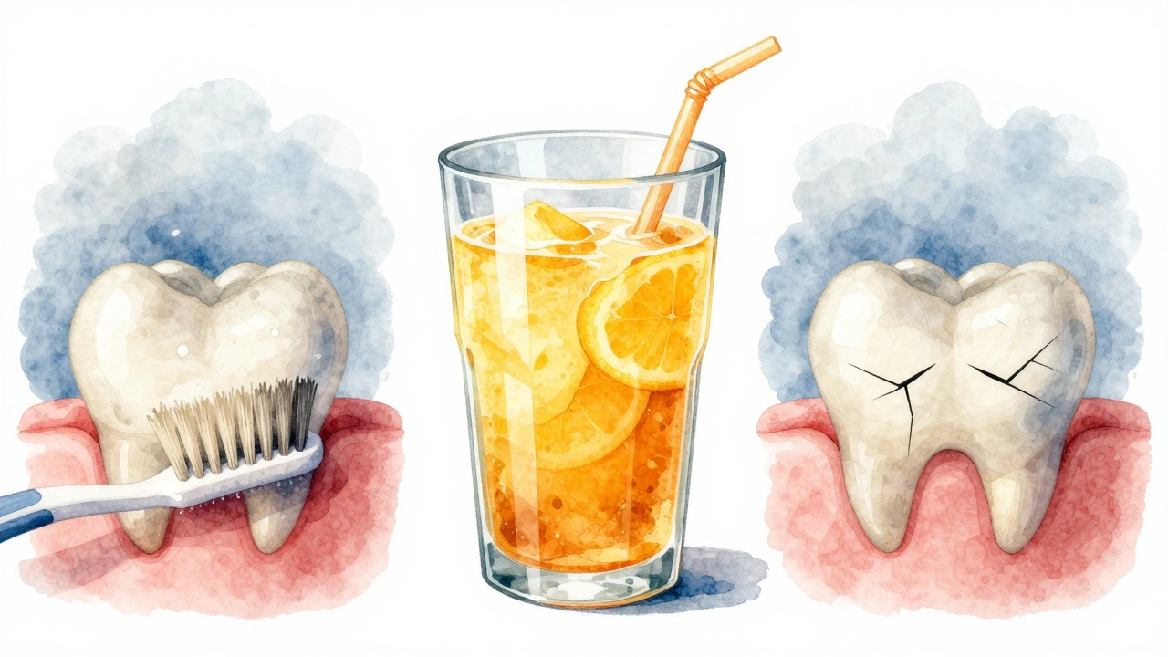 Tři příčiny citlivosti zubů: agresivní čištění, kyselé nápoje a bruxismus v ilustrativní podobě.