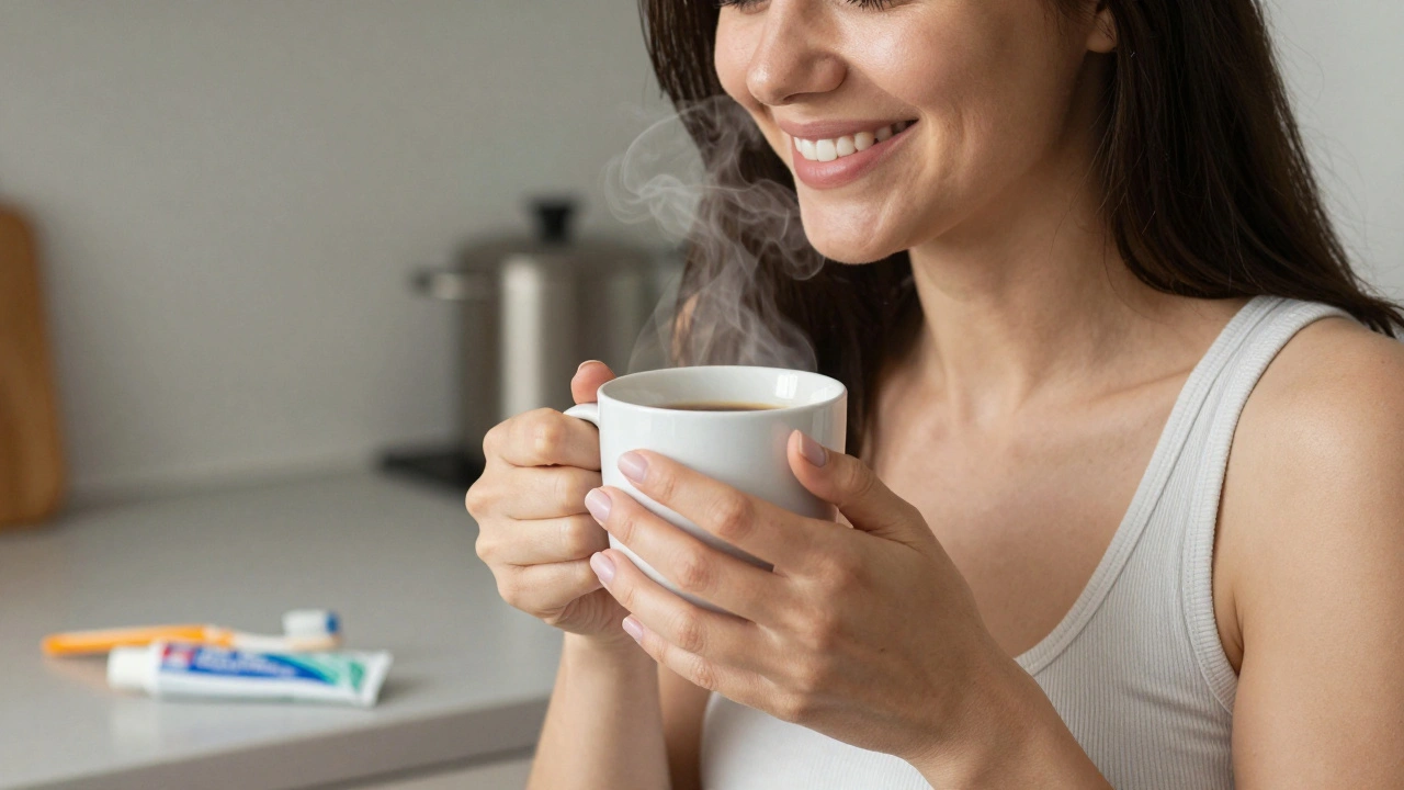 Žena v České republice bez obav pije kávu, symbolizující návrat k běžnému životu.