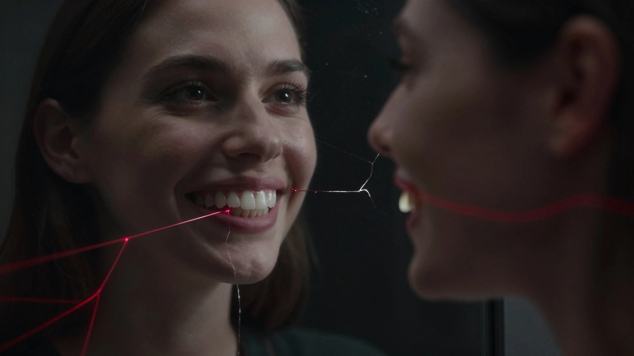 Zrcadlový odraz úsměvu s postupně se křivícími zuby kvůli tlaku moudraku.