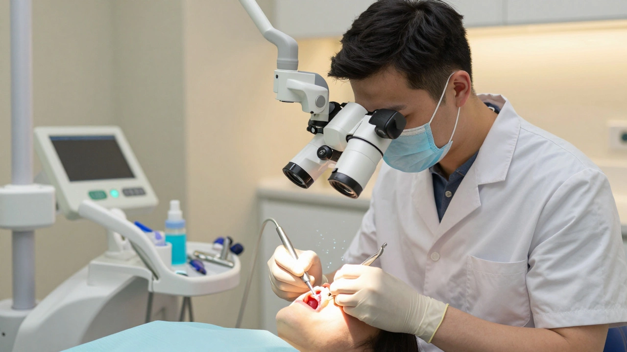 Zubař používá mikroskop při léčbě zubního nervu v klinice.